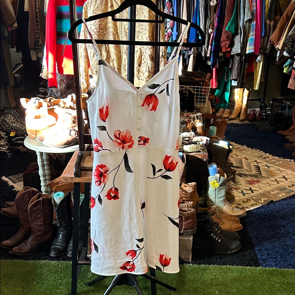 White Floral Button-Front Sundress with Red Tulip Print